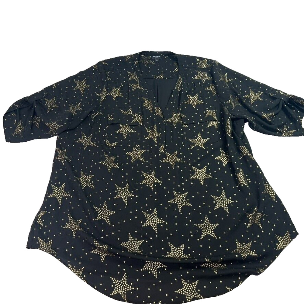 Torrid Tunic Blouse Size 4 Black Metallic Gold Star Georgette Harper Semi Sheer